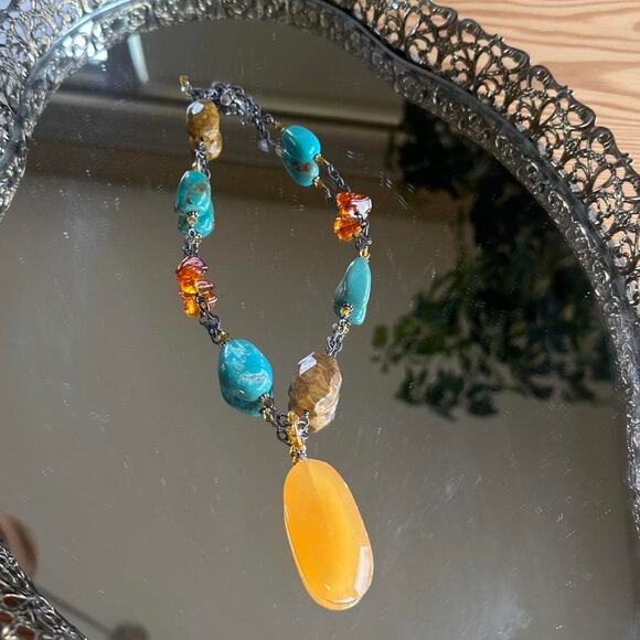 Vintage Women’s Turquoise Amber Agate Pendant Necklace Bohemian Statement - Picture 1 of 2